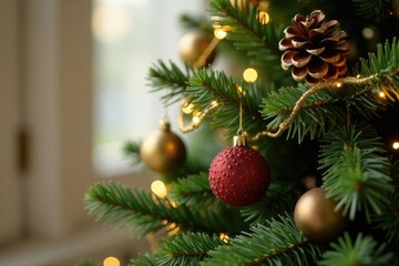 Pine cone garland wrapping around a gold-adorned Christmas tree, festive decor, sparkle