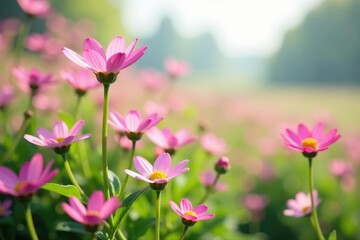 Fototapeta premium Pink and white wildflowers sway in the breeze, nature, spring, floral
