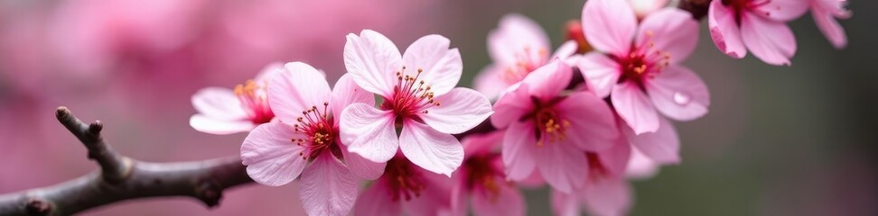 Obraz premium Pink cherry blossoms with dew drops on the petals, cherry blossoms, bloom, blossom