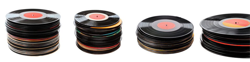 Set Of Colorful Vinyl Records Stacked On A Transparent Background. Cut Out