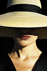 Mysterious Woman in Wide-Brimmed Hat with Bold Lipstick Silhouette