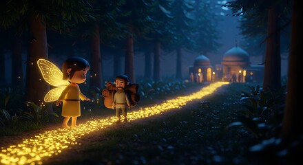 Fairy Guiding Traveler Through Enchanting Forest with Magical Glowing Path