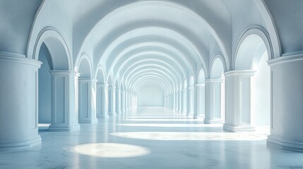 Obraz premium Empty white marble arched hallway, light, architectural interior, virtual space