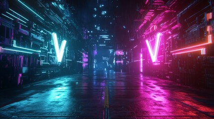 VS gaming graphic, dark background, neon lights, competitive atmosphere, high contrast, glowing text, futuristic design, high resolution, cyberpunk aesthetics
