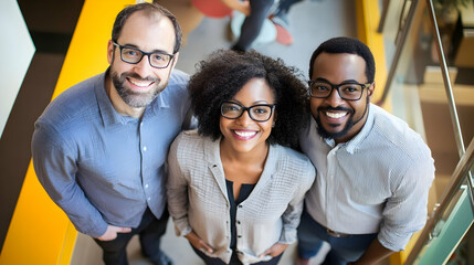 A friendly and confident business team smiling and posing together in a corporate space.