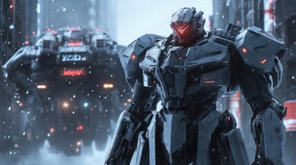 Mech Warrior in a Snow-Covered Futuristic City
