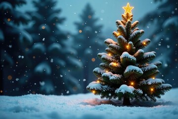 snowflakes gently fall around the base of a towering fir tree, festive, tree