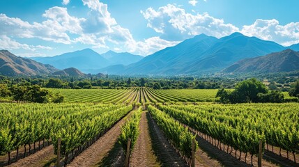 Fototapeta premium Green vineyard rows stretching toward mountain range under a bright blue sky with scattered white clouds on a sunny day.