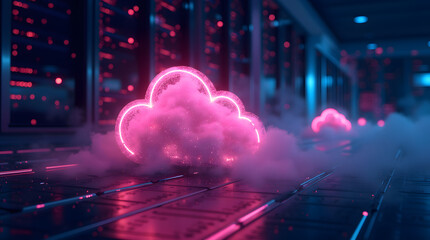 Futuristic data center showcasing cloud technology with pink glowing cloud icons, representing modern digital infrastructure