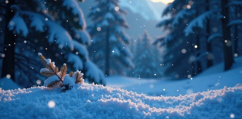 Snowflakes gently fall on a serene winter landscape, casting an ethereal glow, peaceful, night