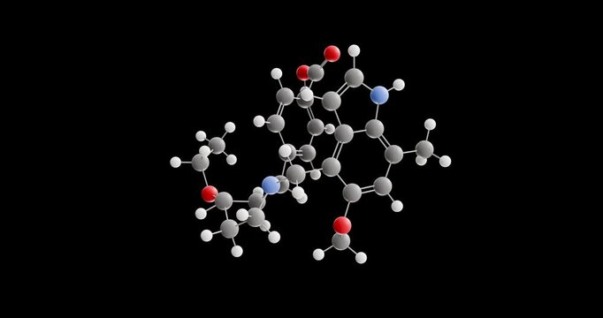 Iptacopan molecule, rotating 3D model of complement factor b inhibitor, looped video on a black background