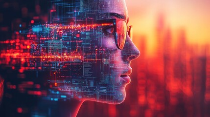 Woman with digital code graphic overlay; futuristic city background; possible use in tech, design, or innovation concepts