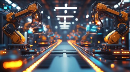 Fototapeta premium Futuristic Automated Factory Assembly Line with Robotic Arms