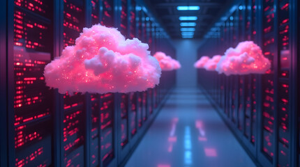 Futuristic data center showcasing cloud technology with pink glowing cloud icons, representing modern digital infrastructure