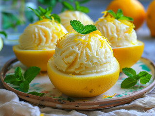 Sorbetto al Limone in a halved lemon cup and topped with finely grated lemon zest and a sprig of fresh mint
