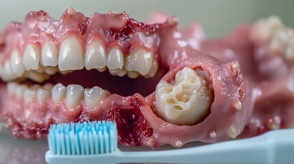Detailed shot of inflamed gums showcasing gingivitis symptoms with a toothbrush and toothpaste in the foreground emphasizing oral hygiene