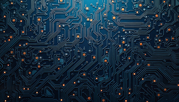 Circuit board pattern with a tech theme and organized layout from a top view