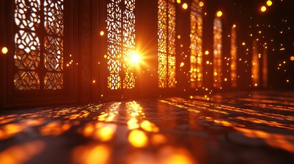 Obraz premium Sunlit ornate interior, intricate window design, golden light, possible use for background