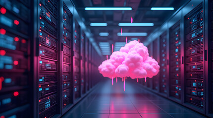 Futuristic data center showcasing cloud technology with pink glowing cloud icons, representing modern digital infrastructure