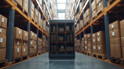 Fototapeta premium Warehouse tablet; inventory management; logistics; technology