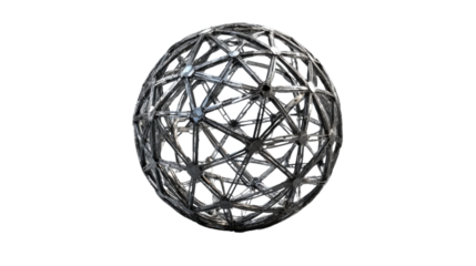 Metallic wireframe sphere rotating on transparent background