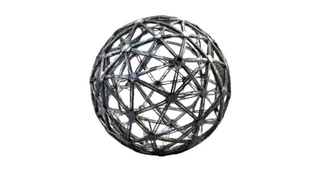 Metallic wireframe sphere rotating on transparent background - Powered by Adobe