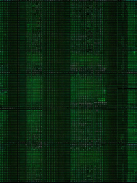 Matrix style green and blue grid with dynamic HUD elements, featuring binary code, 3D coding patterns, and blinking dots, HUD, 3D, coding