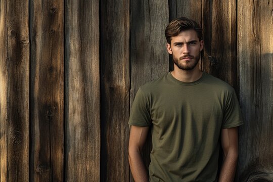 A man with a beard wearing a green t-shirt stands against a rustic wooden wall.