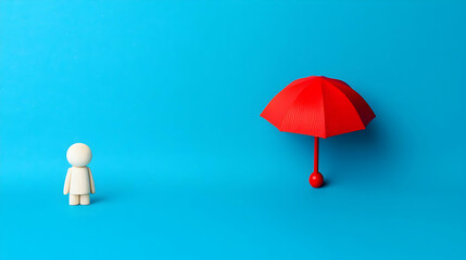 Minimalist Scene with Figure and Bright Red Umbrella Under Blue Sky