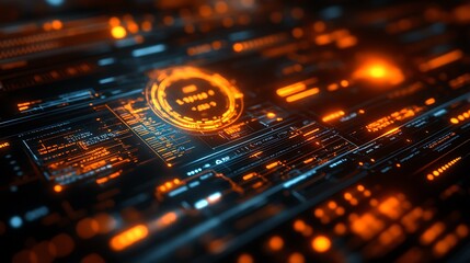 Illuminated circuit board showing orange and blue digital data processing