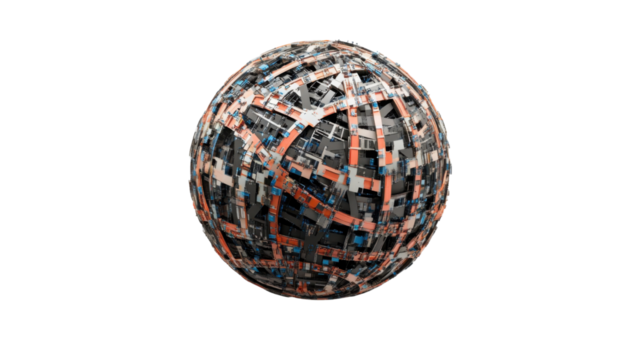 Intricate sphere showing complex interwoven structure with transparent background