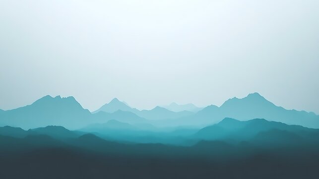 Tranquil layered mountains in shades of turquoise and misty gradients