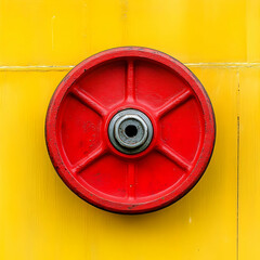 Bright Red Wheel Against Vibrant Yellow Background in Urban Setting