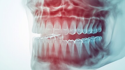 Digital X ray of a smokers teeth showing severe plaque buildup and gum disease scientific visualization transparent overlay high resolution