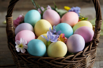 Colorful Easter eggs arranged in a woven basket decorated with flowers on a wooden table