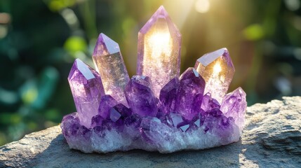 Amethyst crystals glowing under soft natural sunlight