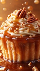 Delicious cupcake topped with creamy frosting and caramel drizzles, garnished with pecans, in warm lighting