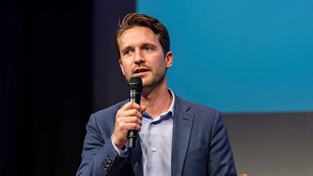 Businessman giving a presentation at a conference, holding a microphone while speaking to the audience.