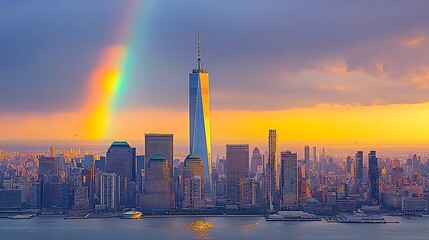Rainbow Sunset Over Downtown Manhattan Skyline