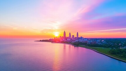 Fototapeta premium Colorful skyline of a coastal city at a vibrant sunset
