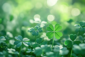A close-up of green shamrocks, symbolizing good fortune and St. Patrick's Day celebration The background is blurred to emphasize the clovers soft lighting creating an ethereal atmosphere Generative AI
