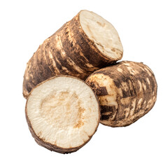 Taro root with slices showing texture on a clean transparent background for culinary use and nutrition information, Taro root isolated on transparent background