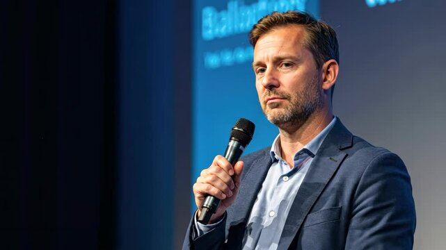Male speaker engaged in a presentation, holding a microphone at a business conference.