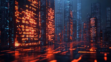 Futuristic city at night, digital architecture, glowing code, background for tech concept, use for digital art or gaming