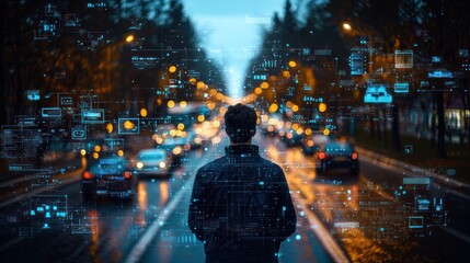 Urban street scene, man walking, digital overlay, night, possible use for technology, futuristic