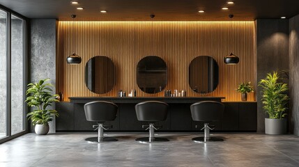 Modern salon interior with three styling stations, wood paneling, and black chairs.