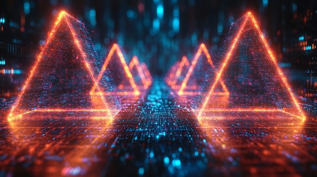 Glowing triangular structures are arranged along a shimmering digital pathway