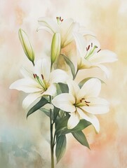 Fototapeta premium Watercolor White Lilies with Soft Pastel Background 