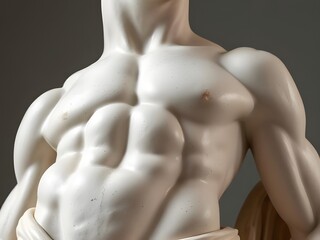 Detailed Close-Up of a Muscular Marble Statue Torso, Classic Art, Sculpted Body, White Stone
