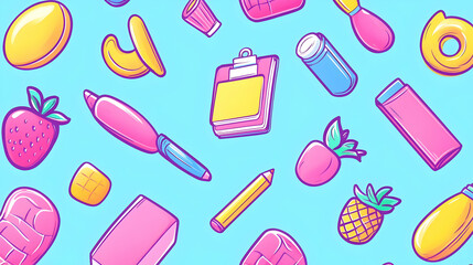 Colorful Flat Lay of Office Supplies and Fun Objects on Blue Background